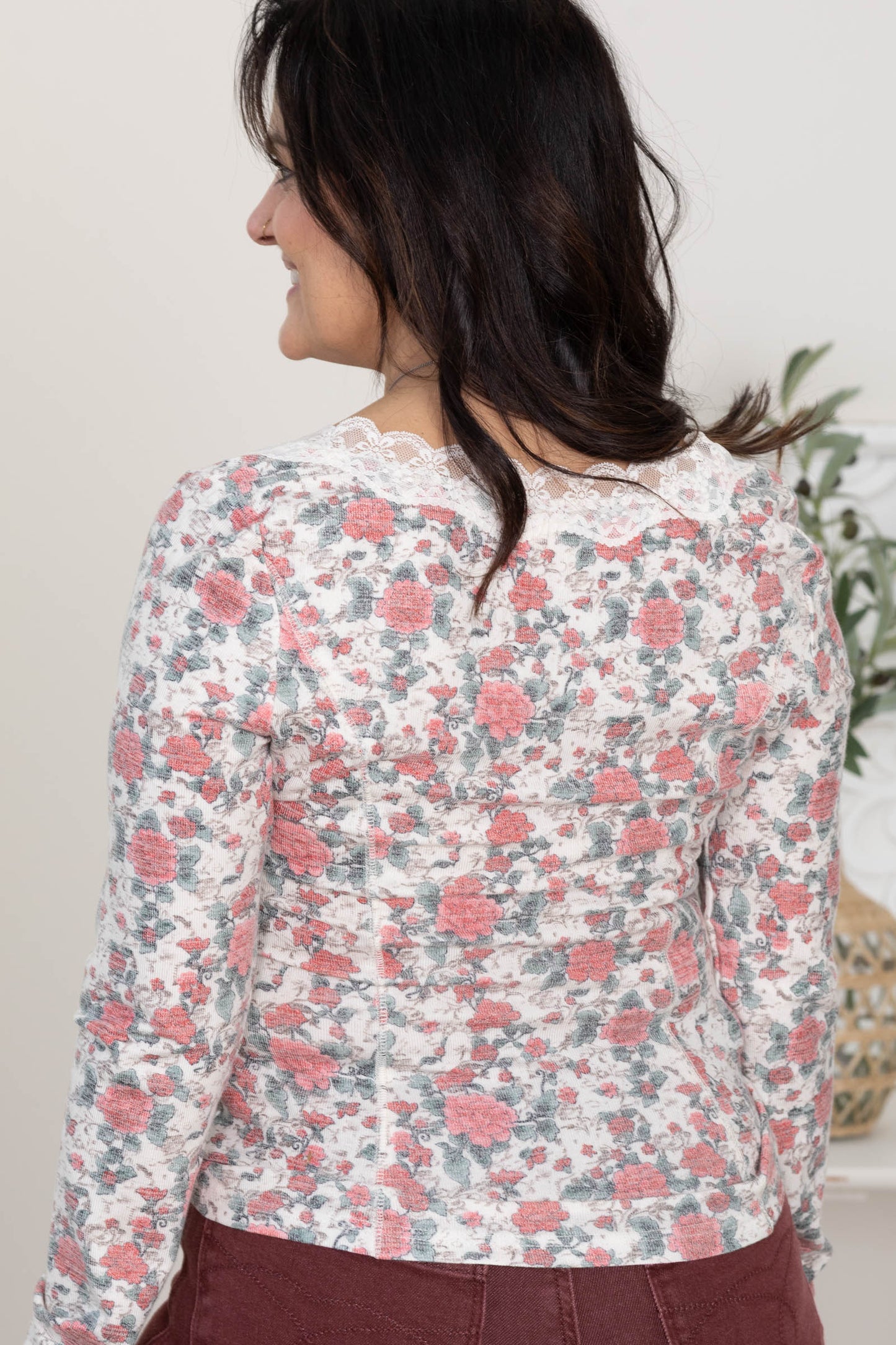 Beige Rose Printed Knit Lace Trim V-Neck Top