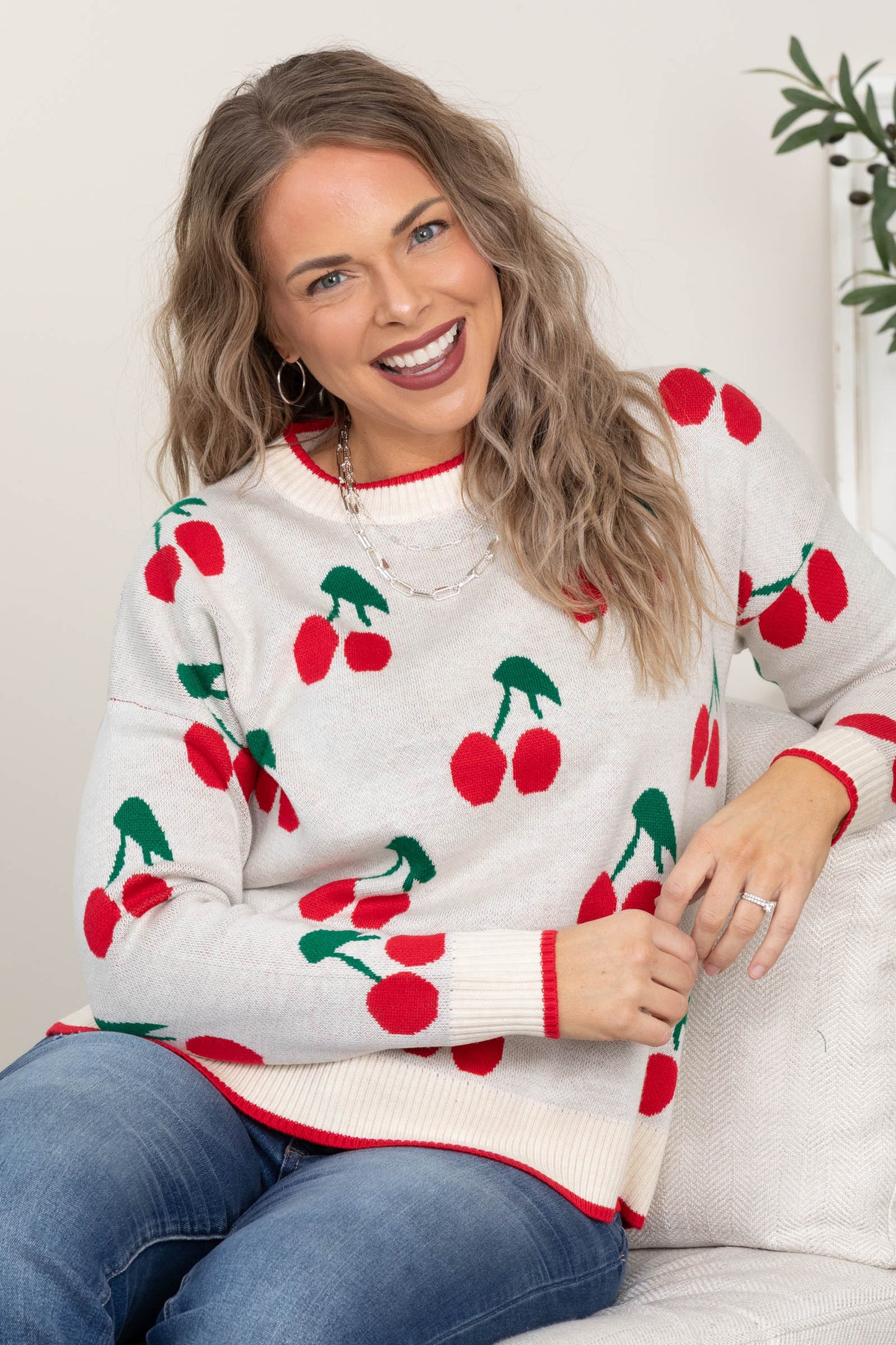 Beige Cherry Pattern Sweater