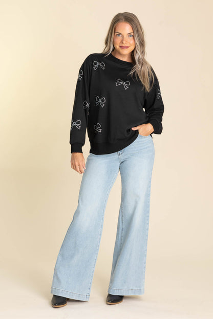 Black With Rhinestone Bows Knit Sweatshirt