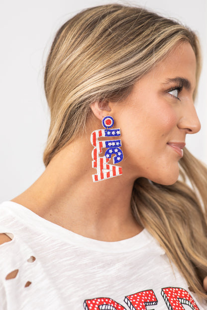 Blue and Red Seed Bead USA Earrings