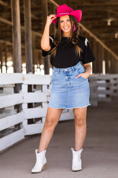 Black Short Sleeve Top With Beaded Fringe