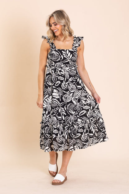 Black Tropical Print Ruffle Detail Midi Dress