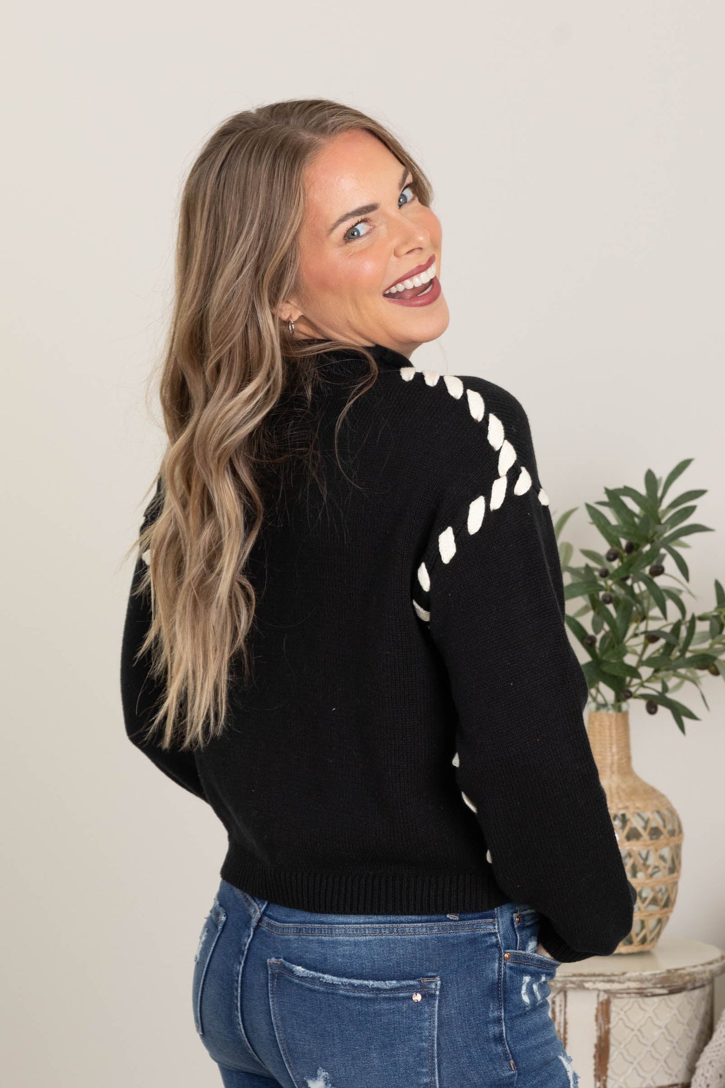 Black Contrast Stitch Detail Knit Sweater