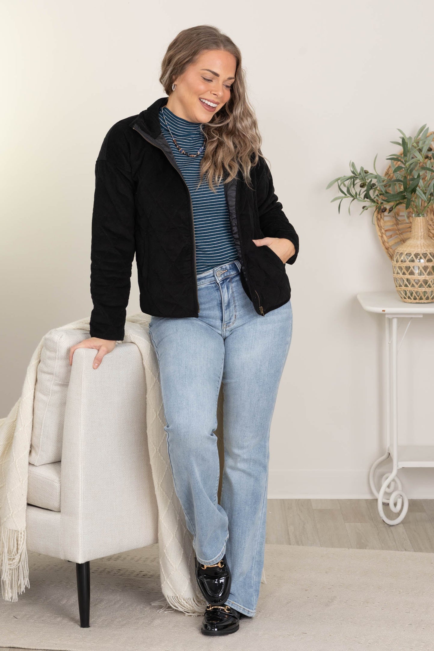 Black Zip Up Quilted Corduroy Jacket