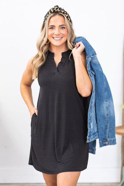 Black V-Neck Wrinkle Free Lizzy Dress